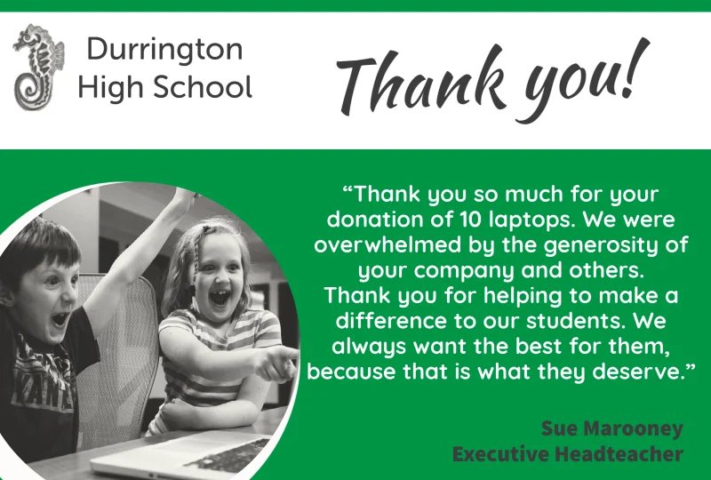 Laptop Durrington thank you blog Thank you from school for laptop donations