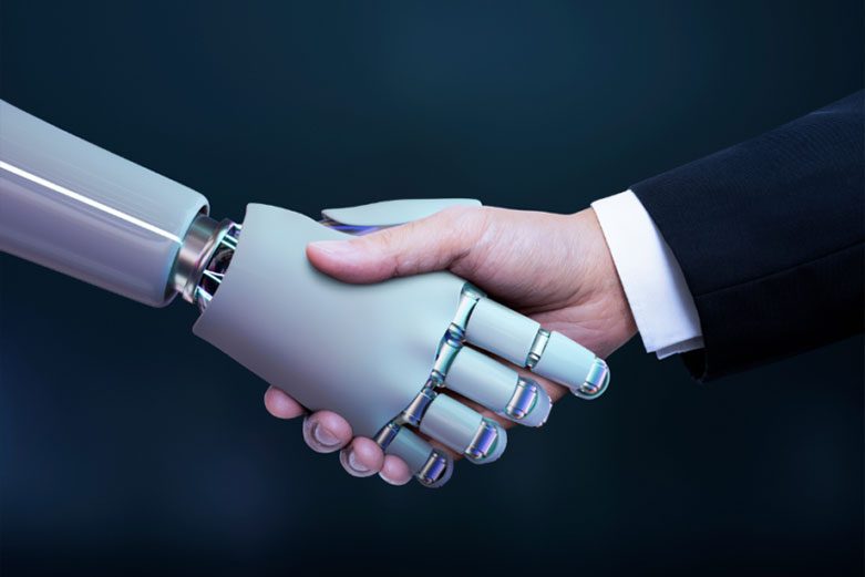 AI hand shaking hands with a human hand